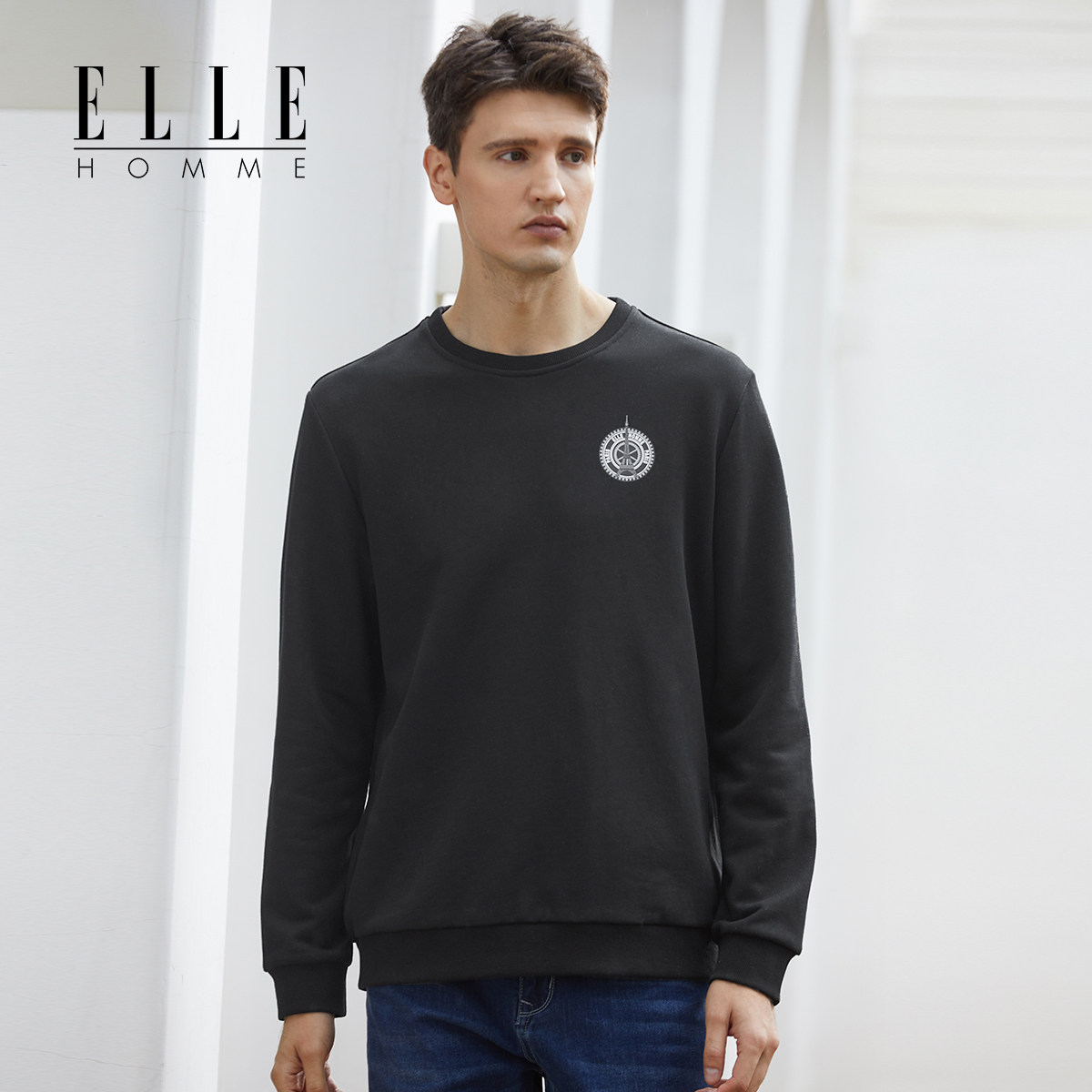 elle homme男士圆领卫衣宽松舒适纯色字母印花套头圆领上衣