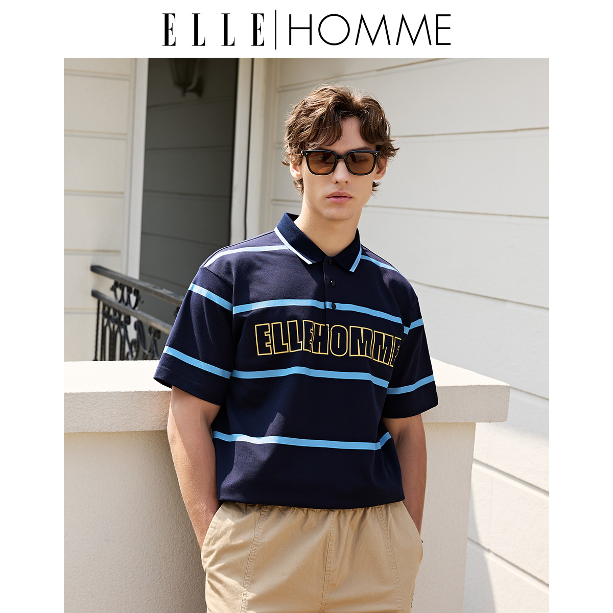 ELLE HOMME男式夏季条纹商务休闲翻领短袖透气polo上衣T恤衫