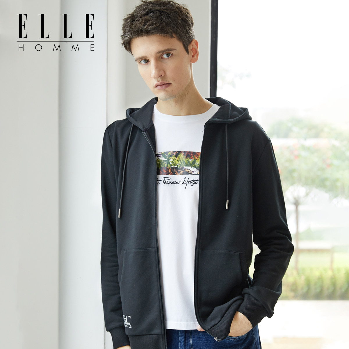 elle homme男士卫衣运动休闲连帽拉链运动开衫长袖外套