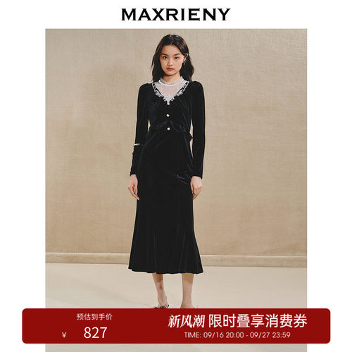 蕾丝刺绣领丝绒连衣裙