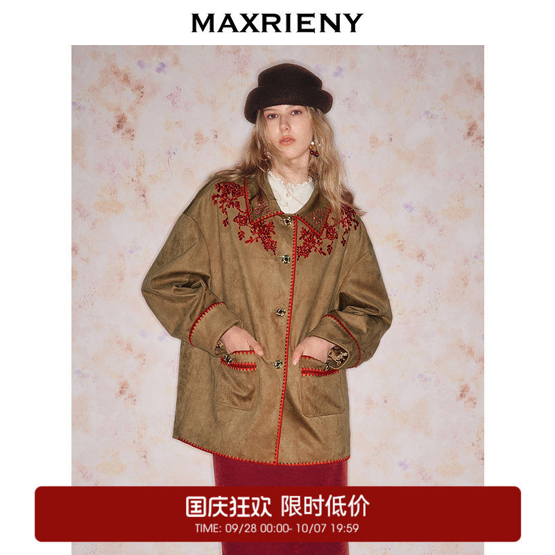 【奥莱】MAXRIENY巴恩风撞色安可拉红刺绣麂皮绒感外套款图片