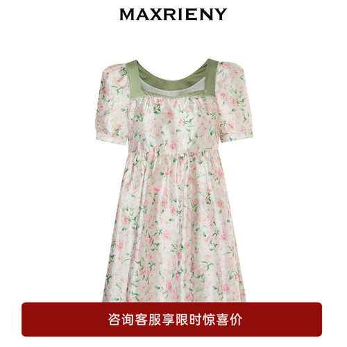 【奥莱】MAXRIENY连衣裙玫瑰印花系带蝴蝶结娃娃裙