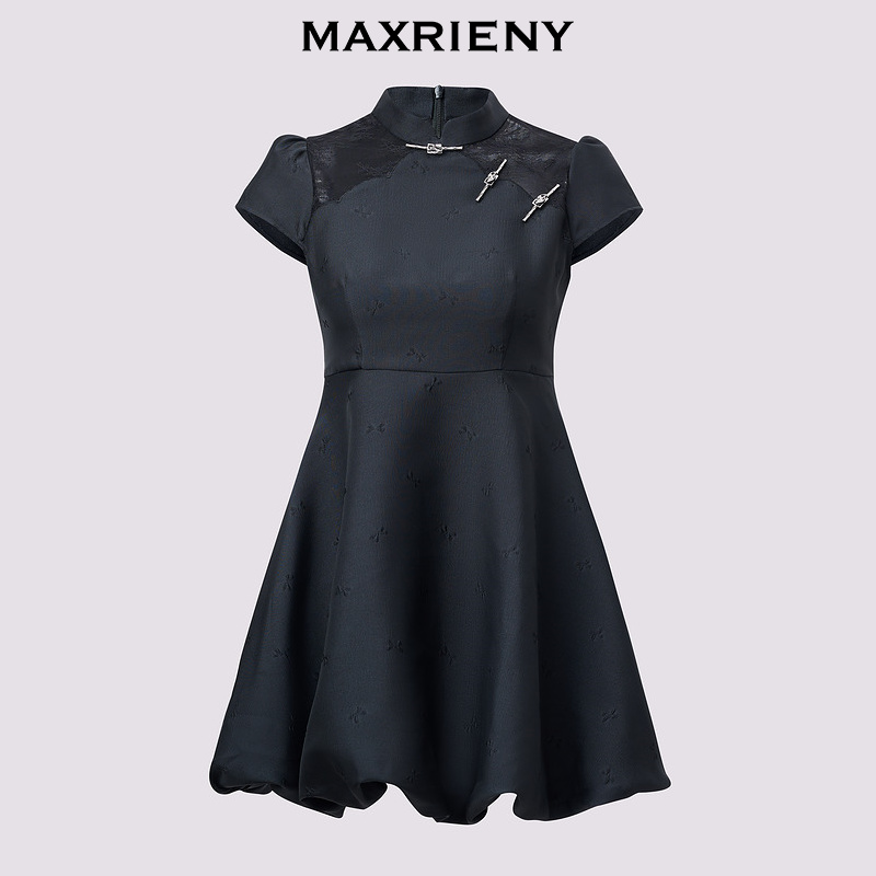 【奥莱】MAXRIENY新中式黑色蕾丝拼接盘扣连衣裙