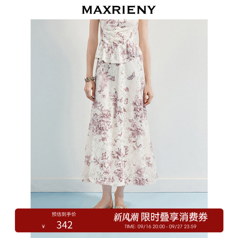 【奥莱】MAXRIENY复古a字伞摆半身裙蝴蝶烧花丝绒高腰中长裙图片