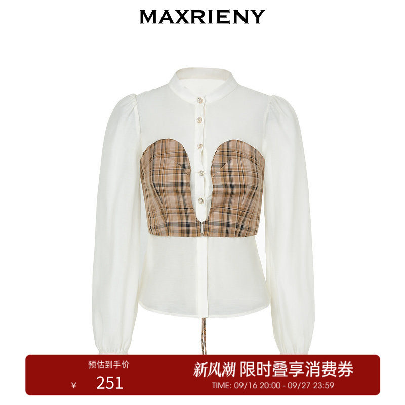 【奥莱】MAXRIENY格纹雪纺假两件衬衫美拉德穿搭上衣图片