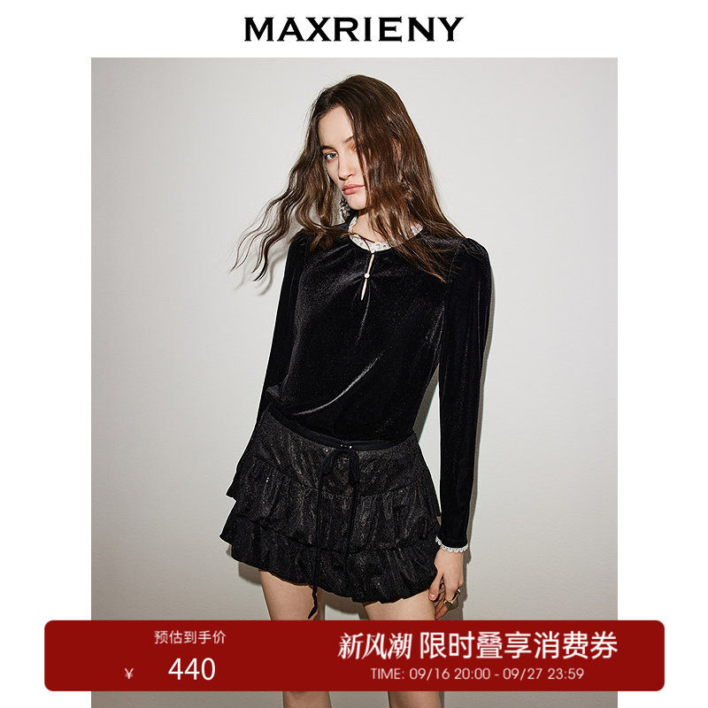 【奥莱】MAXRIENY黑色衬衫女蕾丝拼接上衣丝绒光泽感衬衣图片