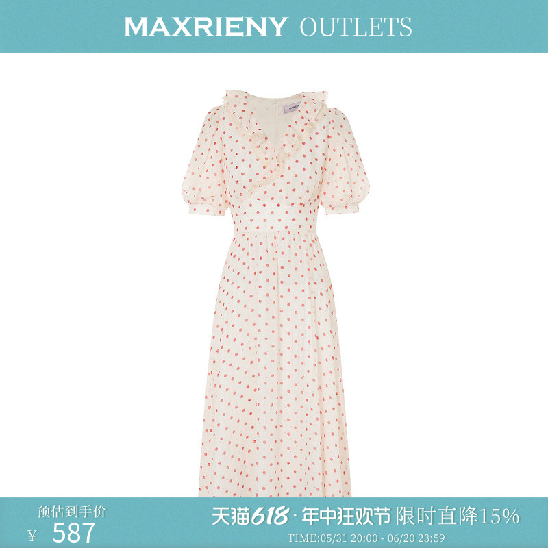 【奥莱】MAXRIENY欧式园艺风雪纺连衣裙复古红波点茶歇裙裙子