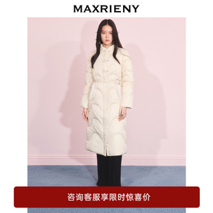 【奥莱】MAXRIENY超长过膝羽绒服女款米白色缎面鸭绒保暖外套