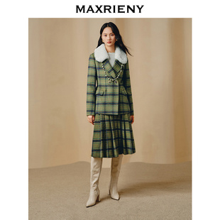 羊毛裙 MAXRIENY复古学院风A摆中长格纹百褶半裙款 奥莱