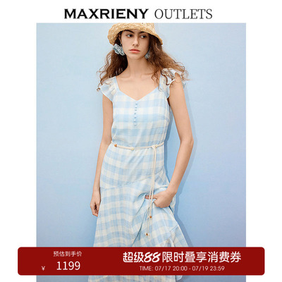 【奥莱】MAXRIENY浪漫小飞袖不对称裙摆蓝格纹连衣裙荷叶边裙