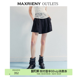 女通勤风a型裙裤 MAXRIENY黑色a摆压褶短裤 奥莱