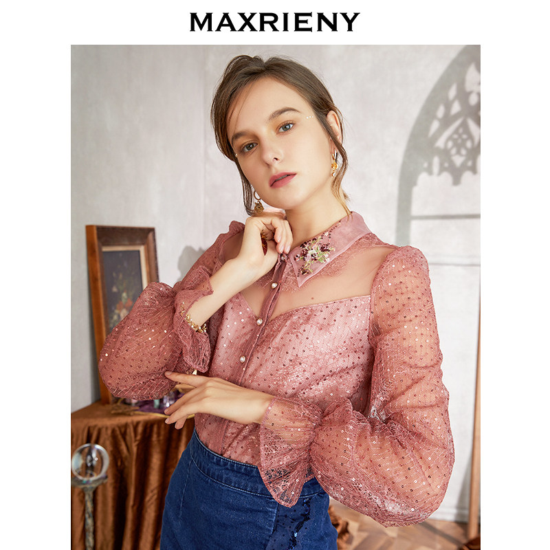 【奥莱】MAXRIENY秋季提花蕾丝上衣复古修身灯笼袖网纱衬衫女