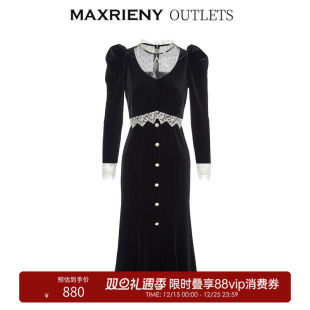 蕾丝裙泡泡袖 秋季 MAXRIENY丝绒连衣裙法式 立领长裙 奥莱