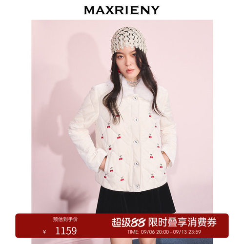 樱桃刺绣修身棉服，樱桃刺绣装饰，樱桃纽扣