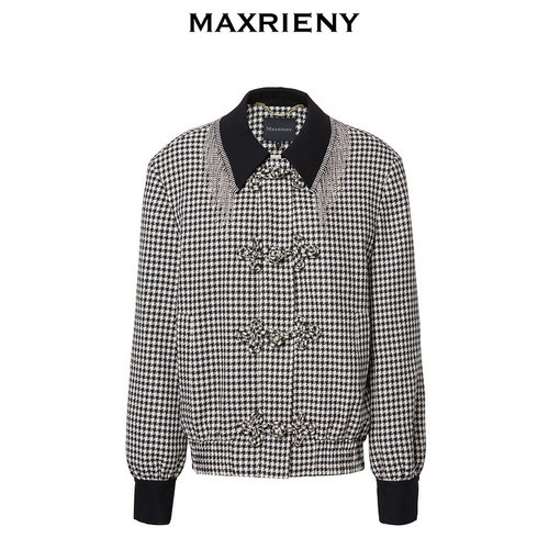 千鸟格流苏钻链中式夹克