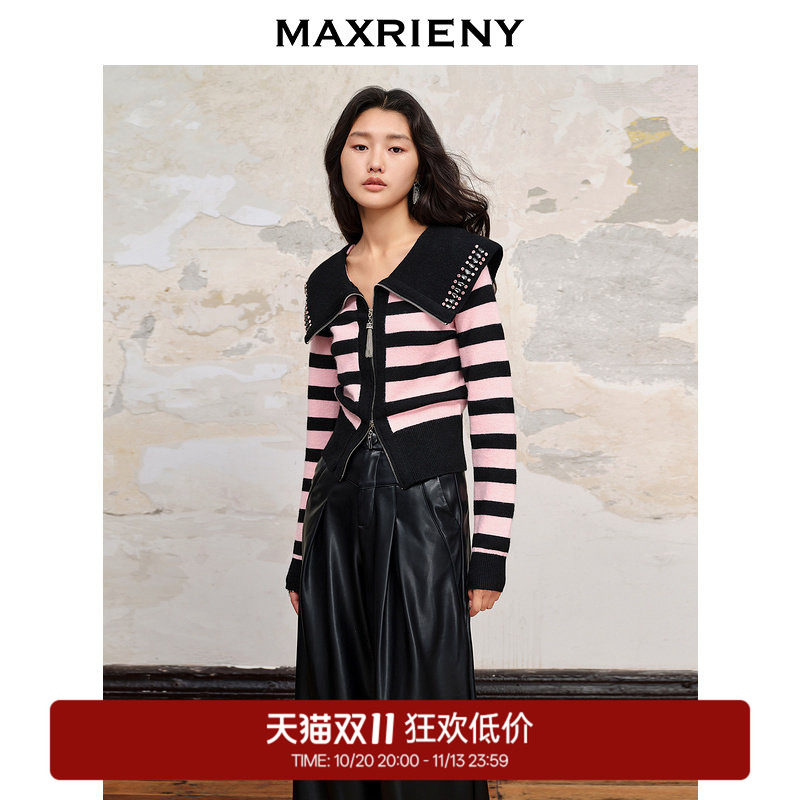 【奥莱】MAXRIENY条纹彼得大翻领针织拉链开衫修身上衣女