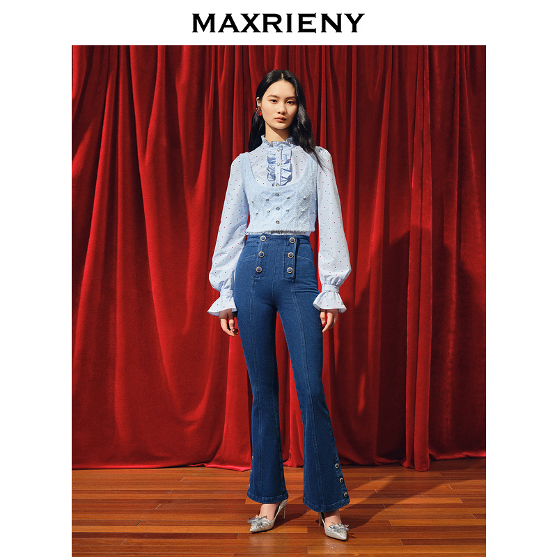 腰头双排扣设计 复古的喇叭裤型