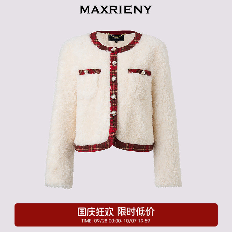 【奥莱】MAXRIENY羊羔绒肌理红格纹小香外套女图片