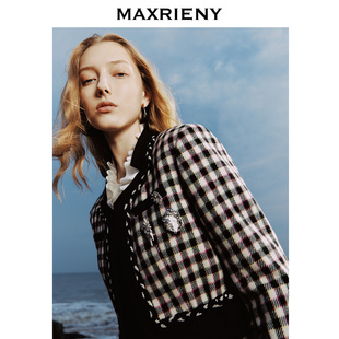 MAXRIENY花火宫廷外套羊毛混纺格纹上衣外搭女 奥莱