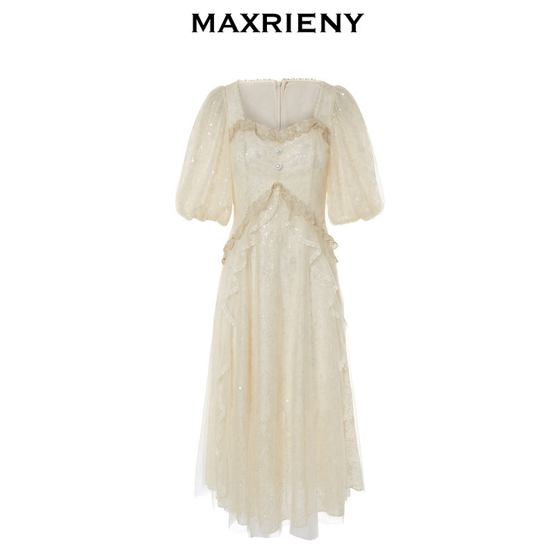 【奥莱】MAXRIENY复古宫廷感连衣裙仙美小白裙订婚网纱