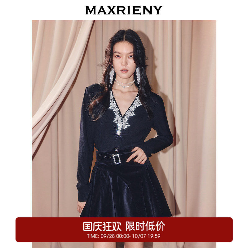 【奥莱】MAXRIENY复古v领针织外套蕾丝拼接收腰长袖上衣女图片