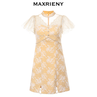 女裙设计感 奥莱 MAXRIENY立领蕾丝短裙夏季 国风旗袍连衣裙修身