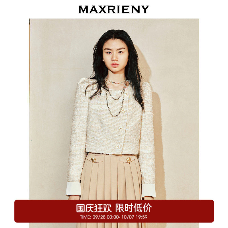 【奥莱】MAXRIENY复古宫廷玉兰扣毛织拼接外套春图片