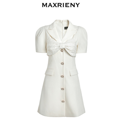 【奥莱】MAXRIENY白色西装裙短袖蝴蝶结连衣裙复古中长