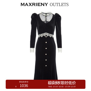 【奥莱】MAXRIENY丝绒连衣裙法式秋季蕾丝裙泡泡袖立领长裙