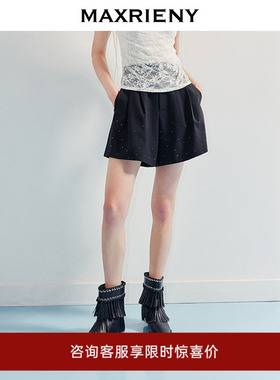 【奥莱】MAXRIENY黑色a摆压褶短裤女通勤风a型裙裤
