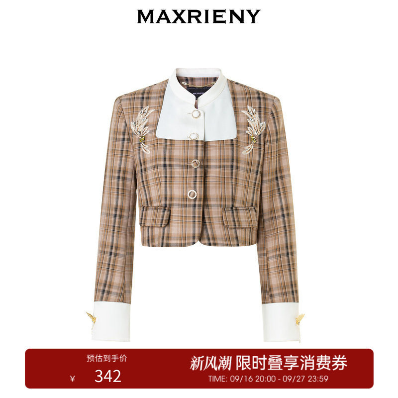 【奥莱】MAXRIENY复古格纹缎面解构外套美拉德穿搭图片