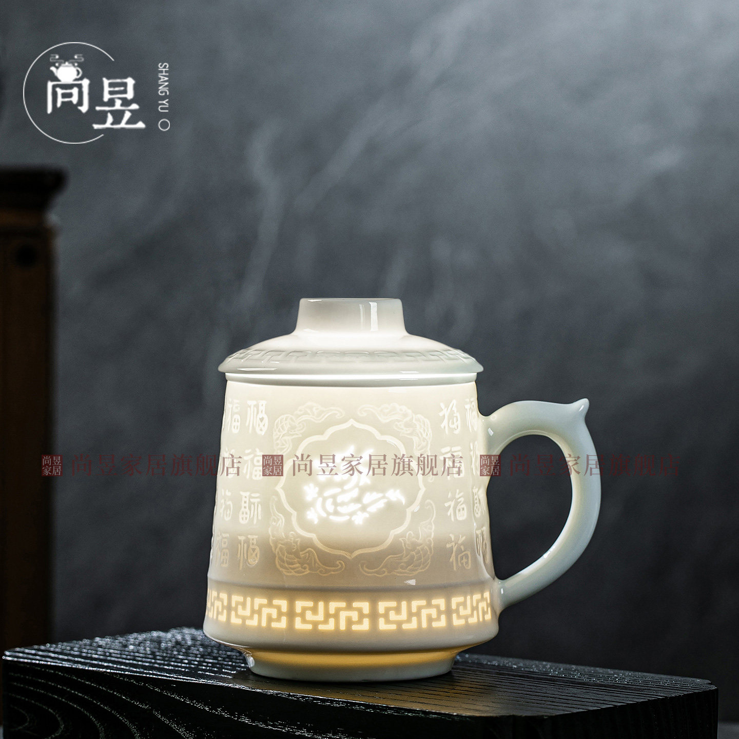 景德镇影青玲珑十二生肖泡茶杯陶瓷带盖茶水分离办公杯会议杯定制