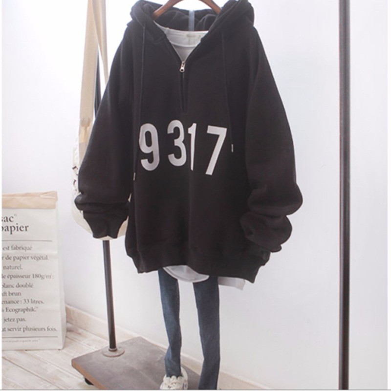 女秋冬2025新款韩版ins原宿风bf宽松大码半拉链加绒连帽卫衣a163