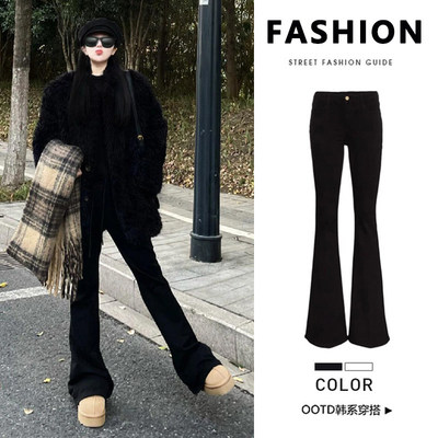 黑色修身微喇叭牛仔裤女2