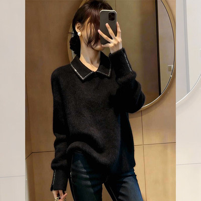 复古慵懒风软糯黑色翻领