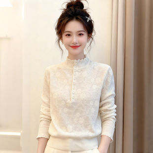 高级感半高领白色提花针织衫毛衣女秋冬大尺码胖mm气质内搭打底上