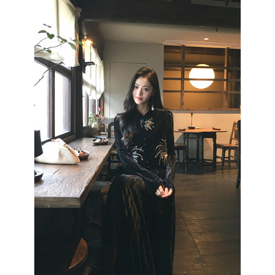 ICELOY新中式黑色丝绒长