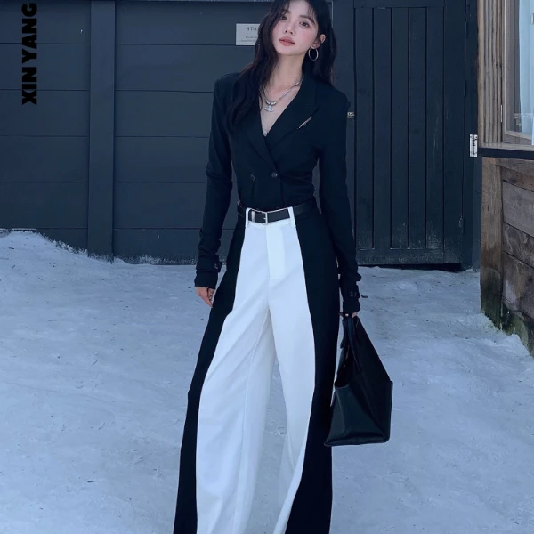 XYW黑白拼接阔腿西裤+收腰深V西装套装X202501001+02