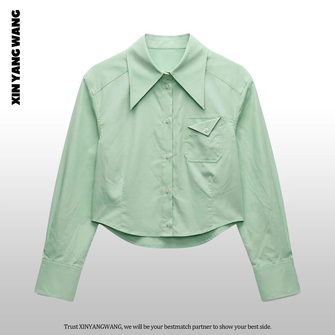 XYW2026新款时尚翻领三角标衬衫女韩版宽松百搭减龄高级感上衣