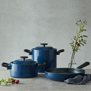 乐扣乐扣双耳汤锅蒸煮炖铝锅电磁炉复古风蓝色大容量汤锅不沾锅