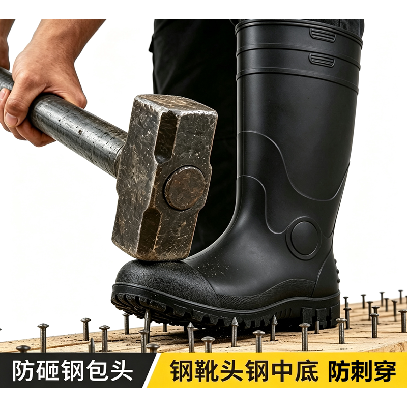 防砸防刺钢头雨鞋男高筒劳保工作防水钢底安全靴防滑耐磨中筒雨靴