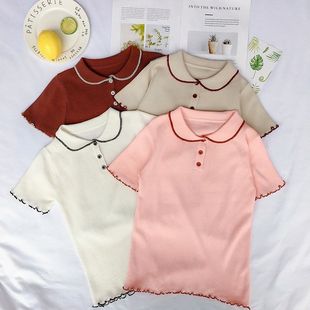 针织衫 春季 新款 女甜美拼色荷叶边t恤春薄毛衣上衣 版 娃娃领短袖
