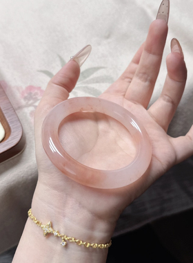 纯天然桃花酿手镯粉色金丝玉石圆条镯子女佘太翠樱花粉玉镯送礼物