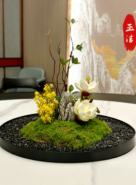 酒店餐桌大圆形转盘中间摆花仿真苔藓景观假花包厢花艺装饰品摆件