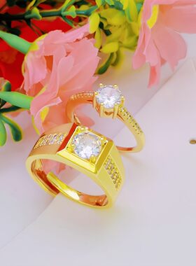 沙金镀24k金仿真黄金饰品婚庆情侣结婚对戒活口钻戒指环可调节