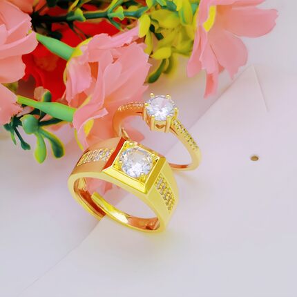 沙金镀24k金仿真黄金饰品婚庆情侣结婚对戒活口钻戒指环可调节