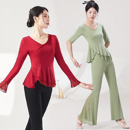 现代舞练功服女长袖形体舞蹈莫代尔网纱上衣鱼尾裤秋冬古典舞纱裙 - 封面