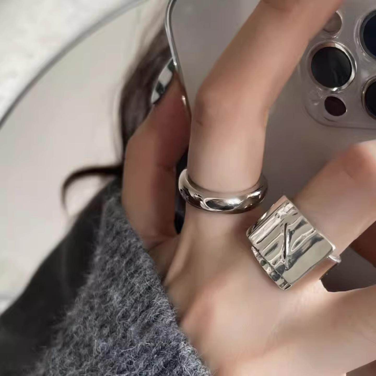 韩国S925银个性宽边戒指女复古时尚重工几何波浪开口指环食指戒潮