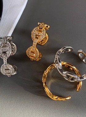 韩国猪鼻子可调节中指食指开口戒指女小众设计感时尚个性金色指环