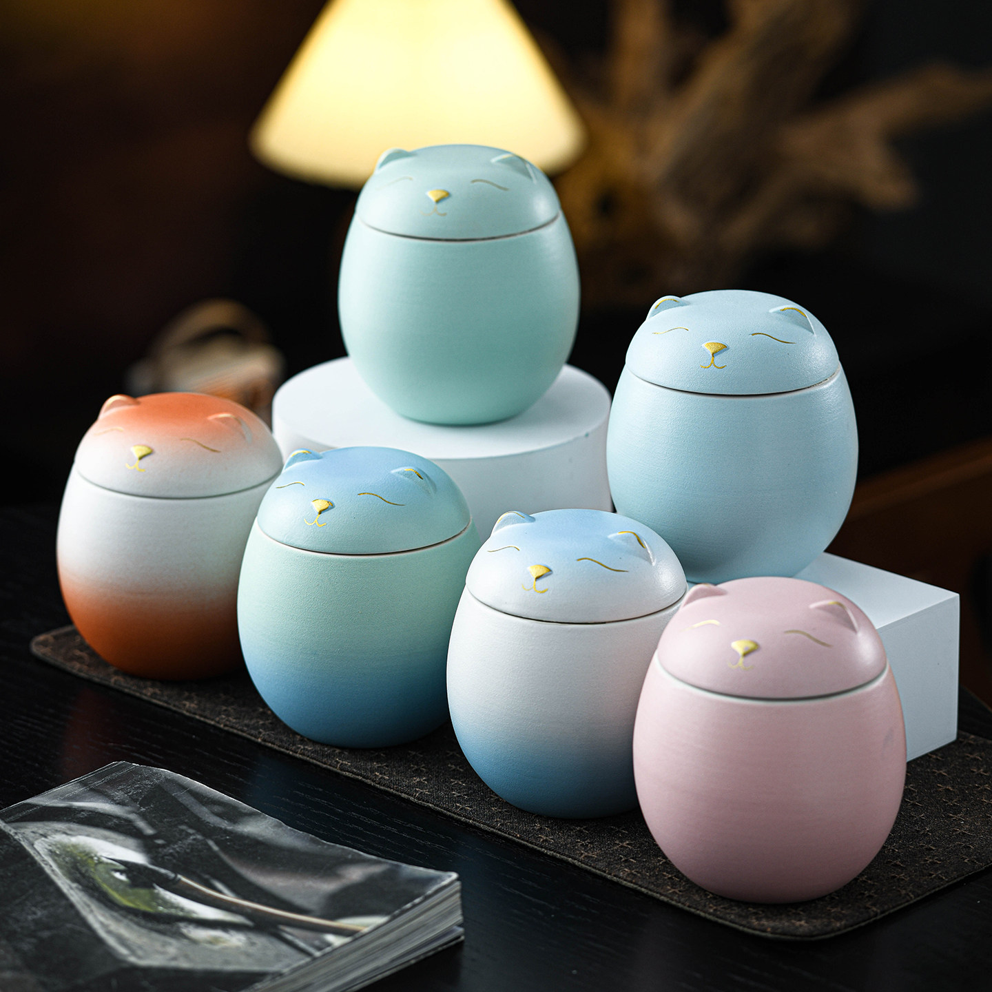 小猫茶叶罐陶瓷储物罐子防潮密封粗陶罐创意个性小茶仓